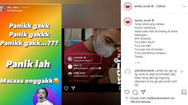 Unggahan Ridho DA diduga sindir Rizky Billar. [Instagram/@lambe_turah]