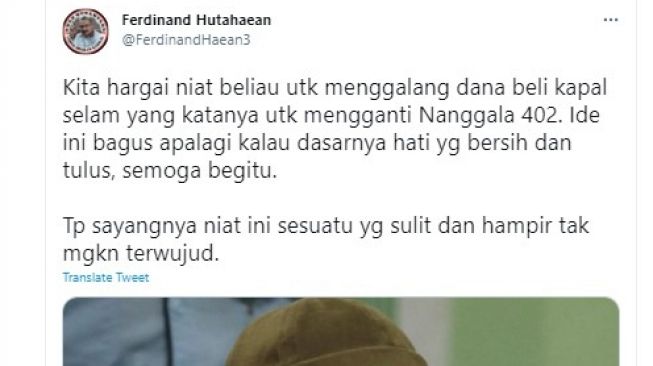 Cuitan Ferdinand Hutahaean soal UAS galang dana beli kapal selam.[Twitter/@FerdinandHaean3]