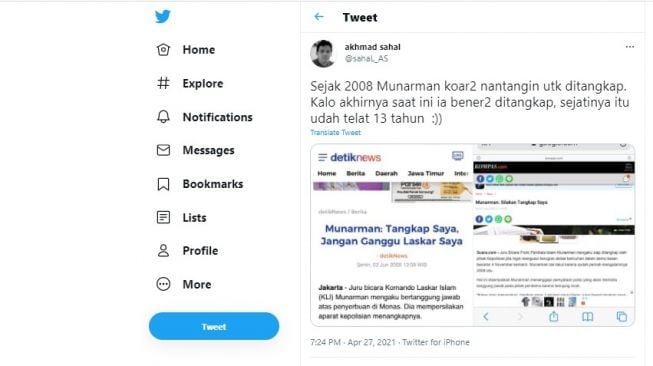 Cuitan Gus Sahal soal Munarman ditangkap.[Twitter/@sahal_AS]