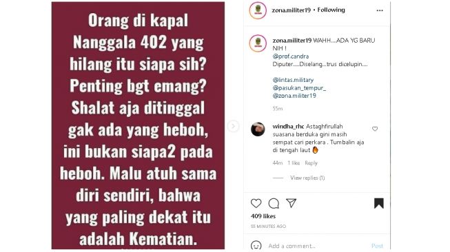 Pria anggap remeh tragedi KRI Nanggala (instagram.com/@zona.militer19)