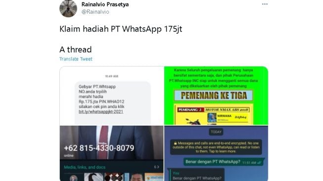 Utas tentang penipuan hadiah ratusan juta (twitter.com/@Rainalvio)