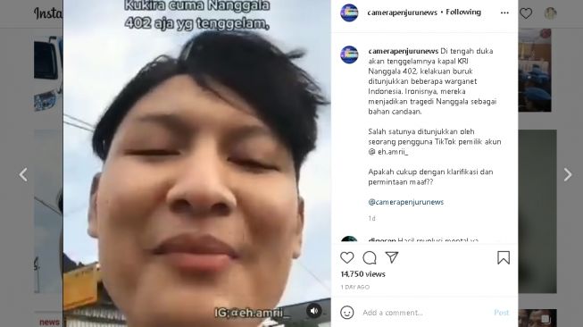 Pemuda jadikan tragedi KRI Nanggala sebagai lelucon (instagram.com/@camerapenjurunews)