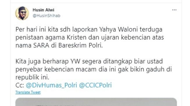 Cuian Husin Shihab soal pelaporan kepada Yahya Waloni.[Twitter/@HusinShihab]