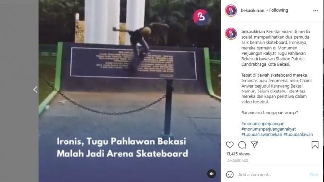 Viral pemuda main skateboard di Monumen Tugu Pahlawan Bekasi.[Instagram/@bekasikinian]