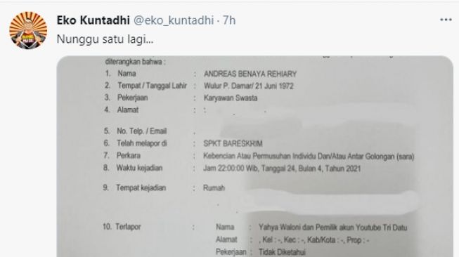 Cuitan pegiat media sosial Eko Kuntadhi [Twitter @Eko_kuntadhi]