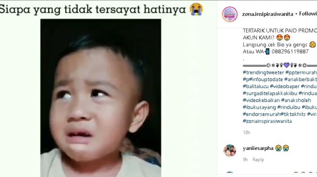 Balita menangis saat rindu sang ibu (instagram)