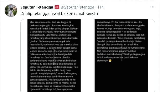 Kisah cewek diintip tetangga sebelah lewat balkon rumah (twitter.com/@SeputarTetangga)