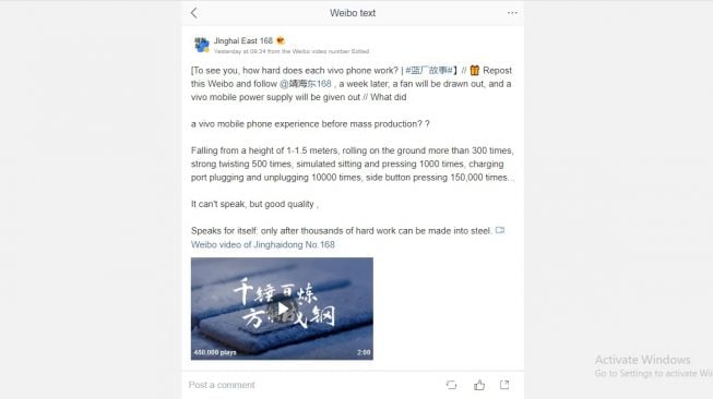 Sebuah tes ketahanan dilakukan terhadap Vivo X60 Pro Plus.. [Weibo]