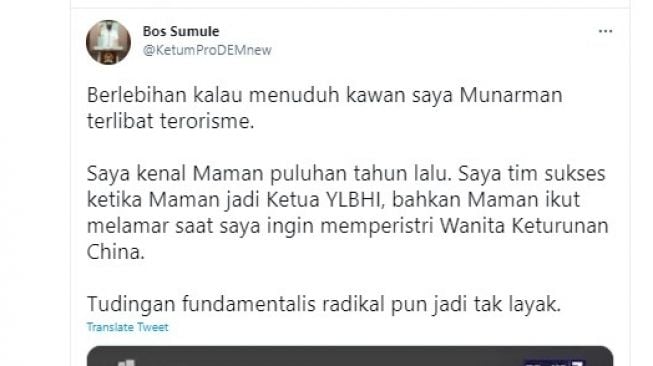 Cuitan Iwan Sumule soal Munarman ditangkap terorisme.[Twitter/@KetumProDEMnew]