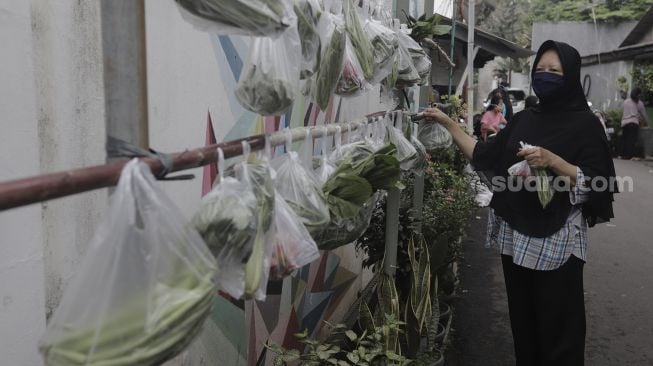 Warga memilah sayuran yang dijajakan secara gratis di Jalan Jati Padang VI RT 002 RW 004, Pasar Minggu, Jakarta Selatan, Rabu (28/4/2021). [Suara.com/Angga Budhiyanto]