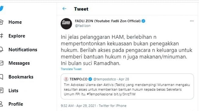 Cuitan Fadli Zon soal Tim Taktis kesulitan bertemu Munarman.[Twitter/@fadlizon]