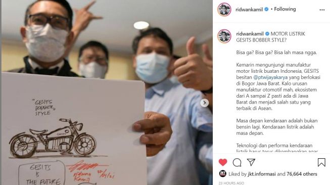 Ridwan Kamil siap bikin motor listrik Gesits dengan gaya Bobber (Instagram)