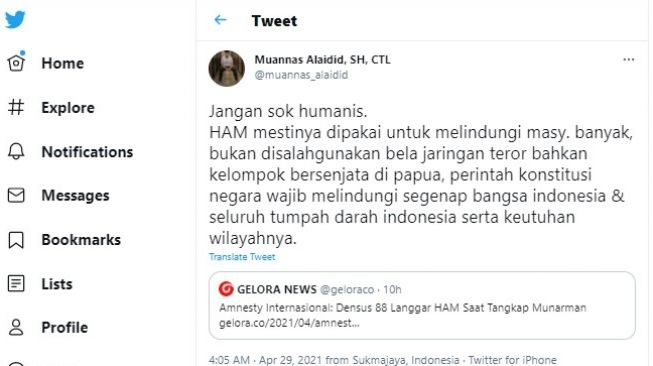 Cuitan Muannas Alaidid soal penangkapan Munarman dinilai langgar HAM.[Twitter/@muannas_alaidid]