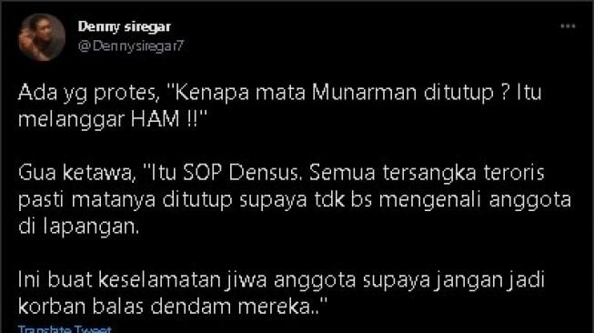 Cuitan Denny Siregar soal penangkapan Munarman. (Twitter)