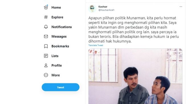 Cuitan Kautsar Muhammad Yus soal kasus hukum Munarman.[Twitter/@KautsarAceh]