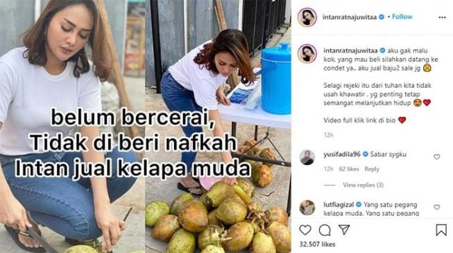 Intan Ratna Juwita mengunggah dirinya jualan kelapa muda. [Instagram/@intanratnajuwitaa]