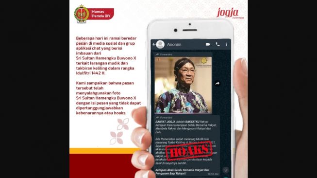 Beredar Pernyataan Sultan Kecam Jokowi Soal Mudik, Pemda DIY Pastikan Hoaks