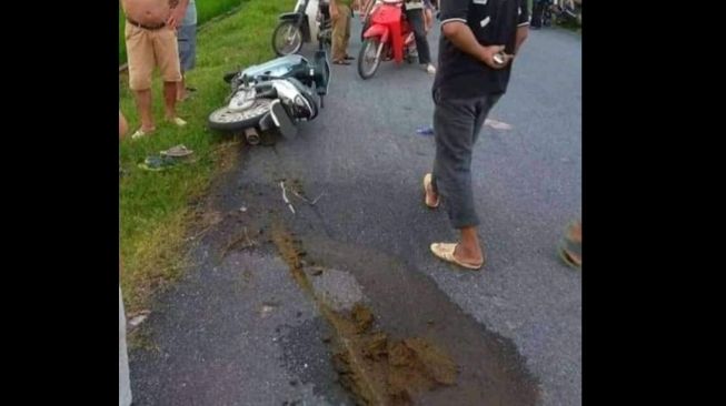 Kecelakaan pemotor diduga gara-gara menginjak kotoran sapi saat melintas di sebuah jalan (Facebook)