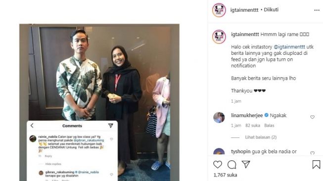 Unggahan soal Nadya Arifta dan Gibran Rakabuming Raka [Instagram/@igtainmenttt]