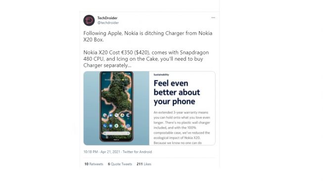 Bocoran Nokia terbaru tanpa charger. [Twitter]