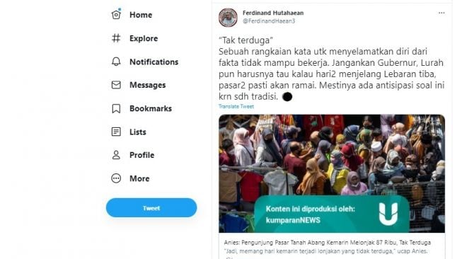 Cuitan Ferdinand Hutahaean soal kerumunan di Pasar Tanah Abang.[Twitter/@FerdinanHaean3]