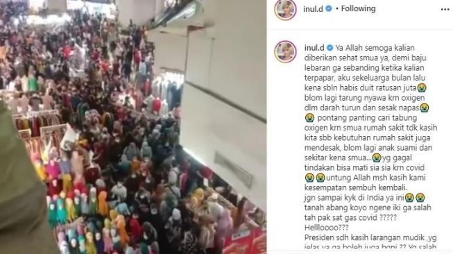 Tangkapan layar ungahan keramaian pasar tanah abang jakarta oleh Inul Daratista. [Instagram]