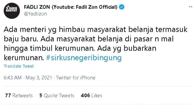 Fadli Zon tanggapi kerumunan mall dan pasar (twitter.com/@fadlizon)