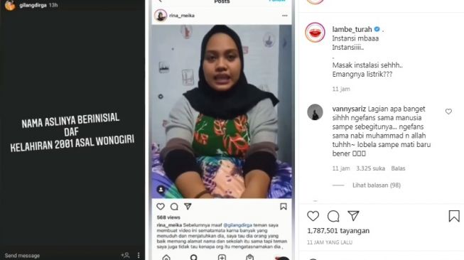 Unggahan soal Gilang Dirga [Instagram/@lambe_turah]