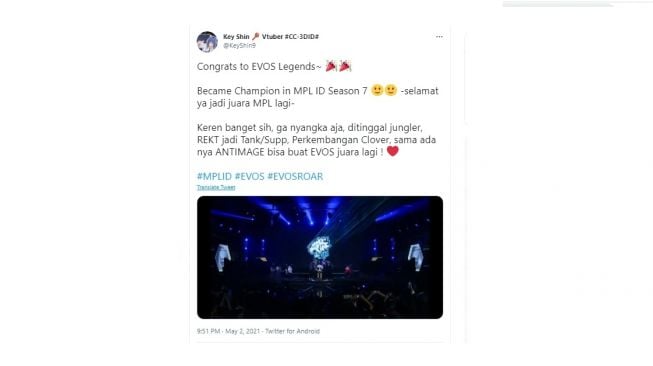 Cuitan warganet ucapan selamat kepada EVOS Legends. [Twitter]