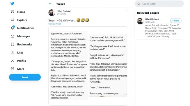 Kisah Cerdik Sopir Bus Angkut Pemudik Kelabuhi Petugas Bikin Ngakak (Twitter/Hilmi28)