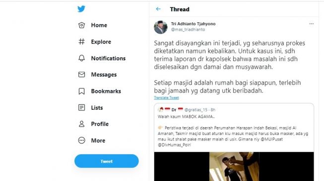 Cuitan Wakil Wali Kota Bekasi Tri Adhianto.[Twitter/@mas_triadhianto]