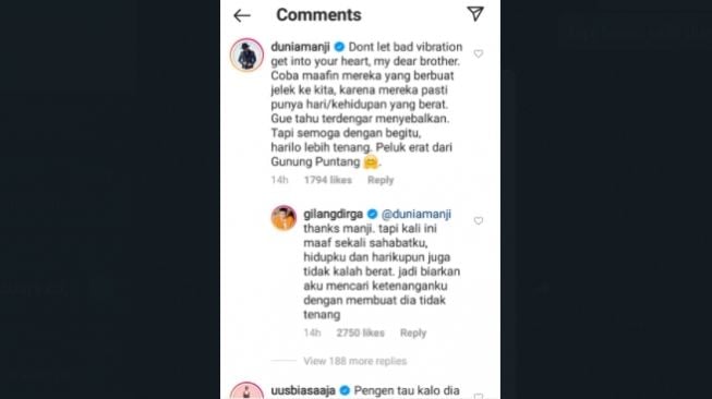 Komentar Anji dalam unggahan Gilang Dirga [Instagram]