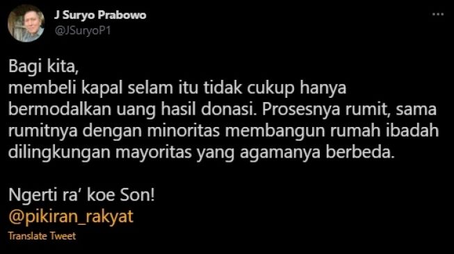 Cuitan Anak Buah Prabowo Soal Rumitnya Beli Kapal Selam. (Twitter/@JSuryoP1)