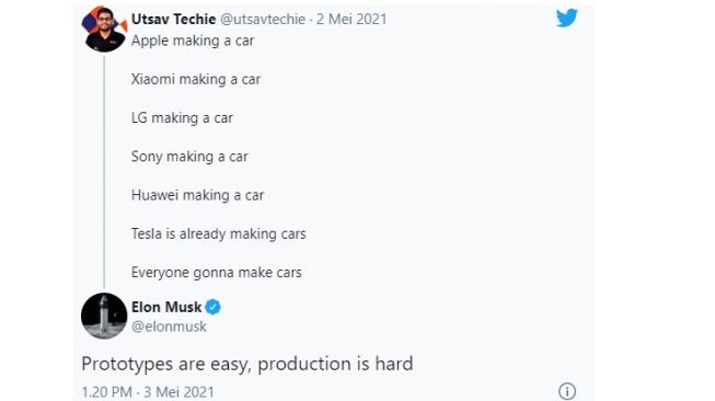 Elon Musk tanggapi cuitan warganet terkait produsen HP ikut-ikutan produksi mobil listrik (Twitter)