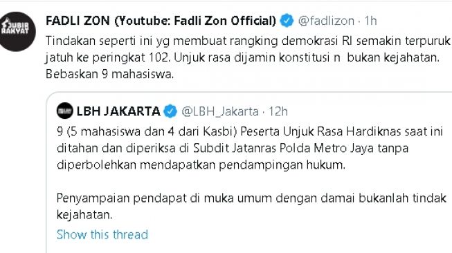 Fadli Zon tanggapi peserta unjuk rasa Hardiknas yang ditahan (twitter.com/@fadlizon)