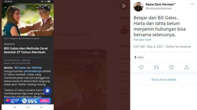 Cuitan warganet soal perceraian Bill Gates dan Miranda. [Twitter]