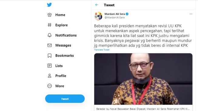 Cuitan Mardani Ali Sera soal kabar Novel Baswedan dipecat dari Komisi Pemberantasan Korupsi.[Twitter/@MardaniAliSera]