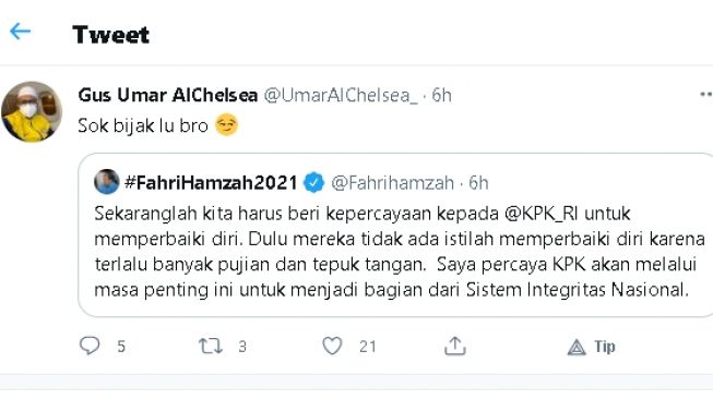 Cuitan Fahri Hamzah ditanggapi Gus Umar (twitter.com/@UmarAlChelsea_)