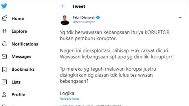 Cuitan Febri Diansyah soal tes wawasan kebangsaan (TWK).[Twitter/@ferbidiansyah]