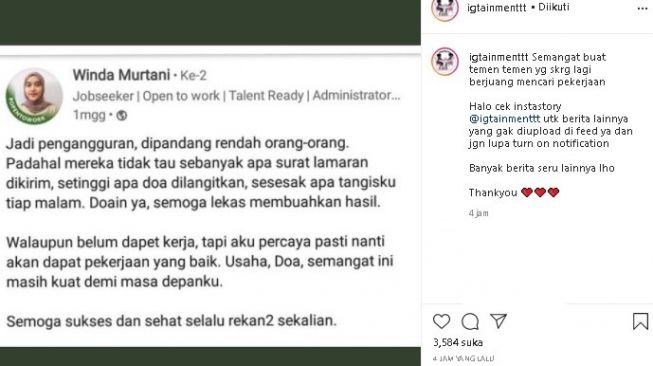 Curhat perempuan soal pengangguran.. (Instagram/@igtainmentt)