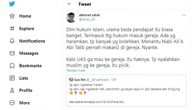 Cuitan Gus Sahal soal Gus Miftah masuk gereja.[Twitter/@sahal_AS]
