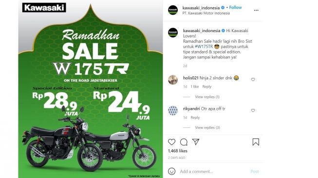 Kawasaki W175 TR dapat diskon selama Ramadan (Instagram)