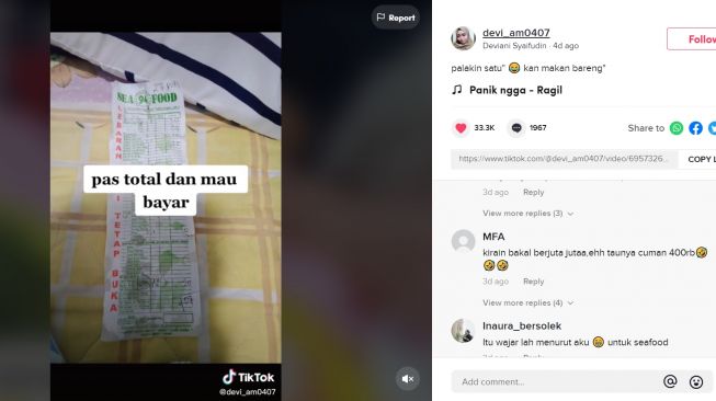 Wanita Syok Lihat Harga Makanannya Mahal, Publik Kesal Pas Lihat Notanya (TikTok/Devi******7)