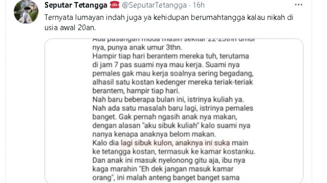 Kisah pasutri muda yang tinggal di kos (twitter.com/@SeputarTetangga)