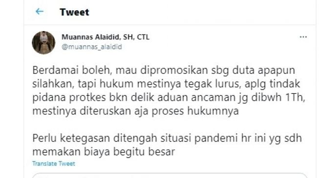 Muannas Alaidid menilai proses hukum terkait dengan insiden jemaah dilarang pakai masker diteruskan.[Twitter/muannas_alaidid]