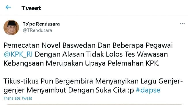 Taufik Rendusara tanggapi isu pemecatan Novel Baswedan (twitter.com/@TRendusara)