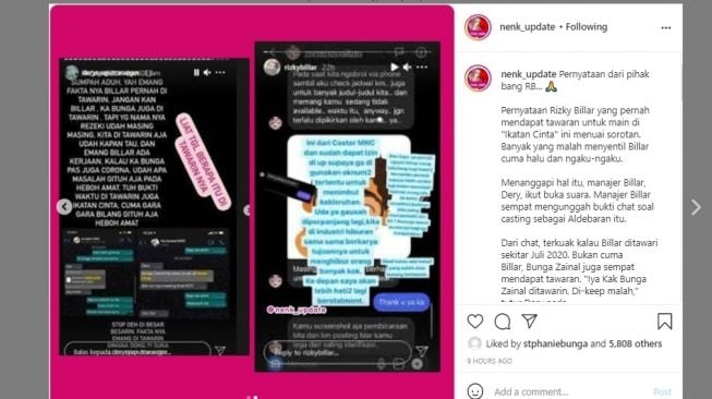 Tangkapan layar pernyataan RIzky Billar yang menunjukkan bukti chat tawaran menjadi pemeran Aldebaran dalam Sinetron Ikatan Cinta.[Instagram/nenk_update]