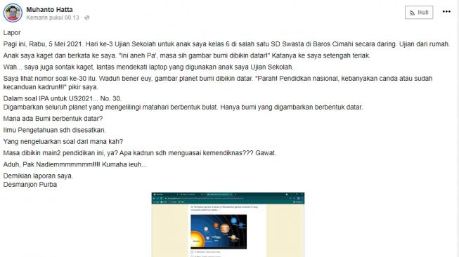 Soal ujian sekolah tentang bumi berbentuk datar. (Facebook)