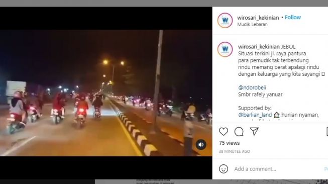 Beredar video pemudik sepeda motor kuasai dua jalur bak sistem one way di Pantura, Sabtu (8/5/2021).[Instagram/wirosari_kekinian]