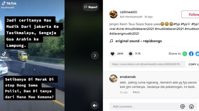 Viral Trik TikToker Sukses Mudik dan Kelabui Polisi. (TikTok/@callmealdii)